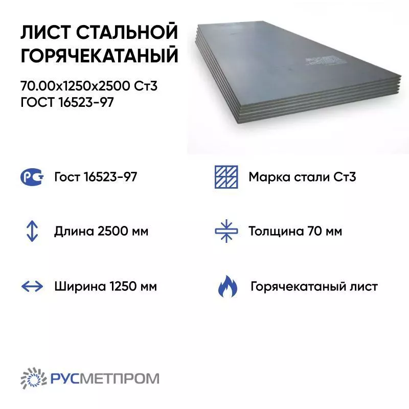 Лист стальной горячекатаный 70.00x1250x2500 Cт3 ГОСТ 16523-97